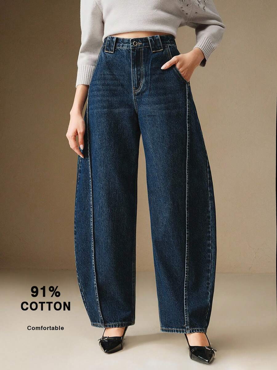 Anewsta Essential Women's Dark Blue Pocket Casual Streetwear Fashion Wide Leg Jeans Everyday Summer Spring Autumn Winter