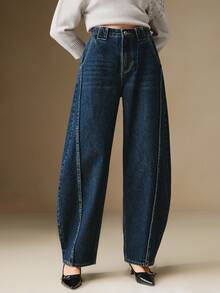 Anewsta Essential Women's Dark Blue Pocket Casual Streetwear Fashion Wide Leg Jeans Everyday Summer Spring Autumn Winter - Blue - View 5