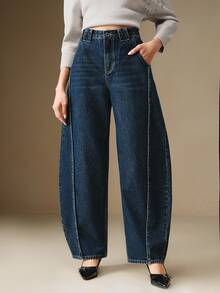 Anewsta Essential Women's Dark Blue Pocket Casual Streetwear Fashion Wide Leg Jeans Everyday Summer Spring Autumn Winter - Blue - View 8