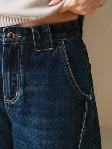 Anewsta Essential Women's Dark Blue Pocket Casual Streetwear Fashion Wide Leg Jeans Everyday Summer Spring Autumn Winter - Blue - View 3