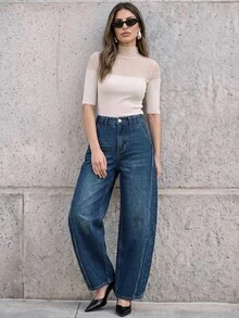 Anewsta Essential Women's Dark Blue Pocket Casual Streetwear Fashion Wide Leg Jeans Everyday Summer Spring Autumn Winter - Blue - View 9