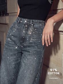 Anewsta Casual Bleached Dazzling Wide Leg Jeans - Blue - View 2