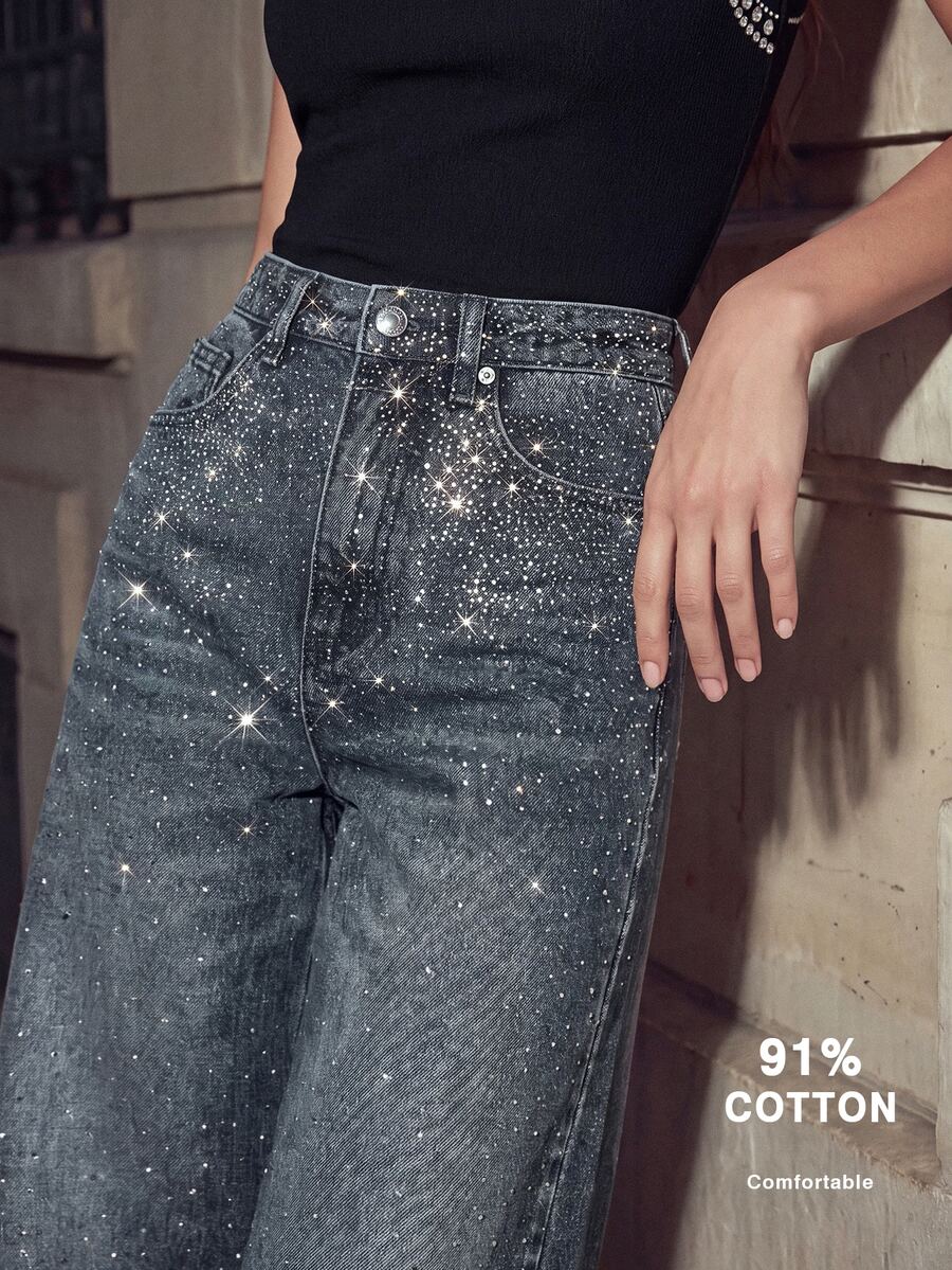 Anewsta Casual Bleached Dazzling Wide Leg Jeans