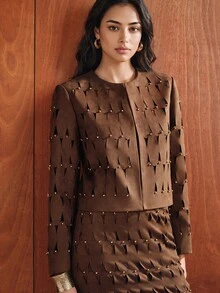 Anewsta 女款秋冬優雅休閒麂皮提花鏤空圓領綴珠長袖夾克，適合商務辦公、婚禮賓客、派對與外出穿著 - 咖啡棕 - 查看 4