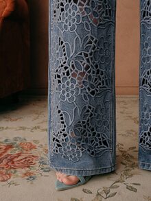 Anewsta Women's Elegant High Waist Embroidered Hollow Out Loose Wide Leg Jeans Pants, Suitable For Spring, Valentine's Day Party - Blue - View 8