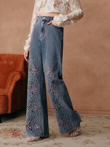 Anewsta Women's Elegant High Waist Embroidered Hollow Out Loose Wide Leg Jeans Pants, Suitable For Spring, Valentine's Day Party - Blue - View 6