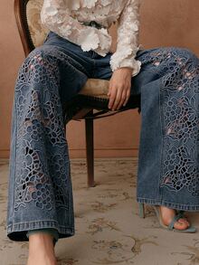 Anewsta Women's Elegant High Waist Embroidered Hollow Out Loose Wide Leg Jeans Pants, Suitable For Spring, Valentine's Day Party - Blue - View 5