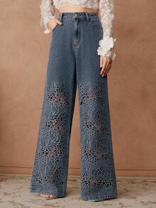 Anewsta Women's Elegant High Waist Embroidered Hollow Out Loose Wide Leg Jeans Pants, Suitable For Spring, Valentine's Day Party - Blue - View 9