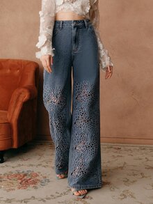 Anewsta Women's Elegant High Waist Embroidered Hollow Out Loose Wide Leg Jeans Pants, Suitable For Spring, Valentine's Day Party - Blue - View 7