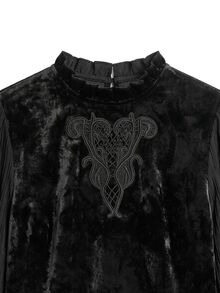 Nöista Black Velvet Peplum Blouse With Embroidered Detail,Ruffled Collar, Puff Sleeves And Smocked Cuffs. Fall,Winter, Office, Party,Christmas, Halloween - Black - View 10