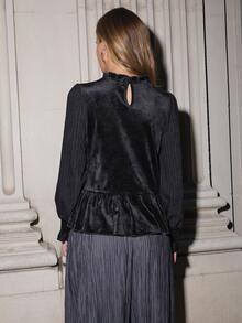 Nöista Black Velvet Peplum Blouse With Embroidered Detail,Ruffled Collar, Puff Sleeves And Smocked Cuffs. Fall,Winter, Office, Party,Christmas, Halloween - Black - View 6