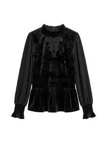 Nöista Black Velvet Peplum Blouse With Embroidered Detail,Ruffled Collar, Puff Sleeves And Smocked Cuffs. Fall,Winter, Office, Party,Christmas, Halloween - Black - View 8