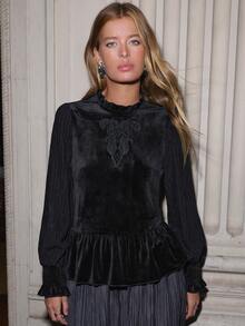 Nöista Black Velvet Peplum Blouse With Embroidered Detail,Ruffled Collar, Puff Sleeves And Smocked Cuffs. Fall,Winter, Office, Party,Christmas, Halloween - Black - View 2