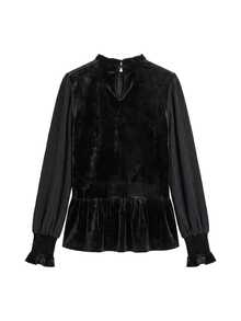 Nöista Black Velvet Peplum Blouse With Embroidered Detail,Ruffled Collar, Puff Sleeves And Smocked Cuffs. Fall,Winter, Office, Party,Christmas, Halloween - Black - View 9
