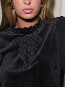 Nöista Black Velvet Peplum Blouse With Embroidered Detail,Ruffled Collar, Puff Sleeves And Smocked Cuffs. Fall,Winter, Office, Party,Christmas, Halloween - Black - View 12