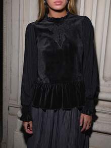 Nöista Black Velvet Peplum Blouse With Embroidered Detail,Ruffled Collar, Puff Sleeves And Smocked Cuffs. Fall,Winter, Office, Party,Christmas, Halloween - Black - View 5