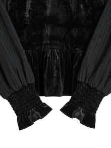 Nöista Black Velvet Peplum Blouse With Embroidered Detail,Ruffled Collar, Puff Sleeves And Smocked Cuffs. Fall,Winter, Office, Party,Christmas, Halloween - Black - View 11