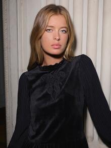 Nöista Black Velvet Peplum Blouse With Embroidered Detail,Ruffled Collar, Puff Sleeves And Smocked Cuffs. Fall,Winter, Office, Party,Christmas, Halloween - Black - View 4