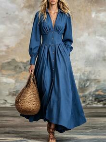 Linhara CURVE Plus Size Women's Autumn New Deep V-Neck Single Breasted Cinched Waist Ruched Design Shirt Dress Suitable For Commuting And Dating - Blue - View 7