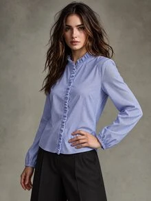 Trelyra European & American Style Spring/Summer New Fashion Versatile Ruffle Trim Striped Elegant Commuter Long Sleeve Blouse - Multicolor - View 6