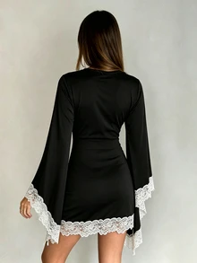 Selianne Women's Elegant Knitted Long Sleeve Bell Sleeve Lace Decor Dress - Black - View 2