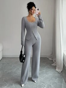SHEIN Elenzya 1pc Ribbed Knit Button Front Cardigan & 1pc Knit Pants - Grey - View 4