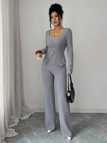 SHEIN Elenzya 1pc Ribbed Knit Button Front Cardigan & 1pc Knit Pants - Grey - View 8