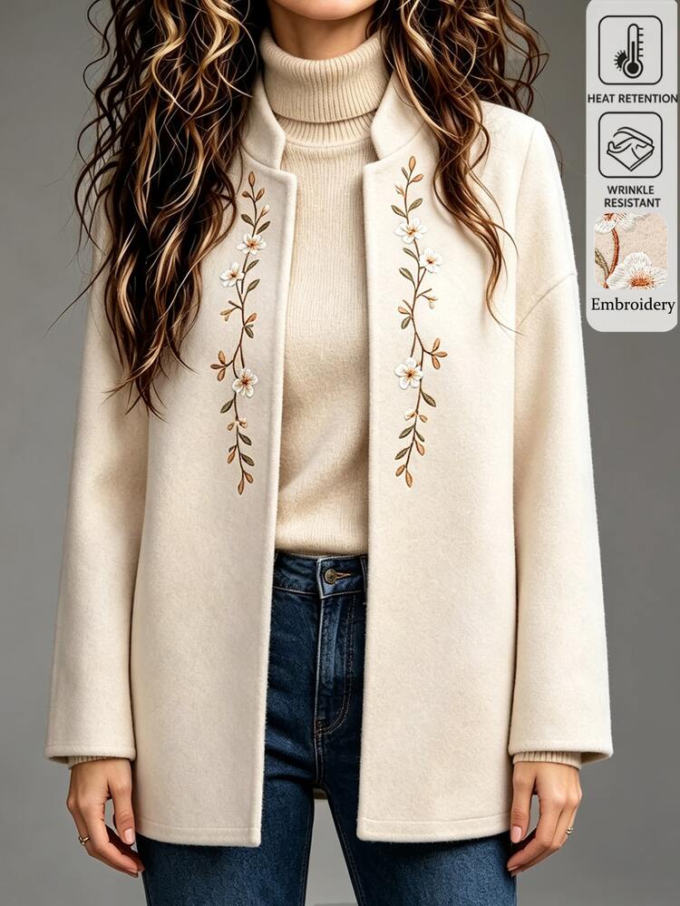Holdful Holdful Women's Autumn/Winter Embroidered Long Sleeve Loose Elegant Overcoat - Apricot - View 9