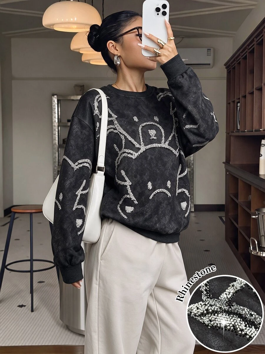 SHEIN EZwear Women's Fall Cute Cartoon Bear Rhinestone Crew Neck Sweatshirt Vintage Streetwear Washed Dark Grey Print Long Sleeve Pullover Loose Fit Top - Multicolor - View 1