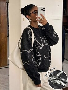 SHEIN EZwear Women's Fall Cute Cartoon Bear Rhinestone Crew Neck Sweatshirt Vintage Streetwear Washed Dark Grey Print Long Sleeve Pullover Loose Fit Top - Multicolor - View 5
