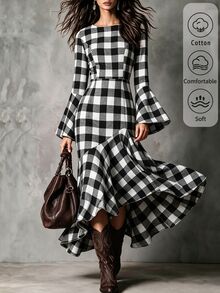 SHEIN Women's Spring/Autumn Black & White Large Plaid Dress, Round Neck, Flared Long Sleeves, Cinched Cinched Waist, Mid-Length, Asymmetrical Ruffle Fishtail Hem - Multicolor - View 4