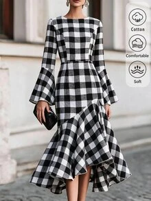 SHEIN Women's Spring/Autumn Black & White Large Plaid Dress, Round Neck, Flared Long Sleeves, Cinched Cinched Waist, Mid-Length, Asymmetrical Ruffle Fishtail Hem - Multicolor - View 5