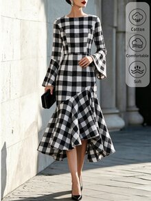 SHEIN Women's Spring/Autumn Black & White Large Plaid Dress, Round Neck, Flared Long Sleeves, Cinched Cinched Waist, Mid-Length, Asymmetrical Ruffle Fishtail Hem - Multicolor - View 6