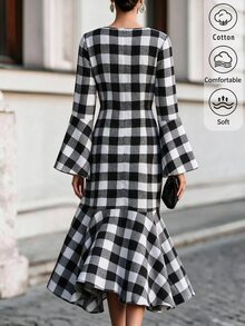 SHEIN Women's Spring/Autumn Black & White Large Plaid Dress, Round Neck, Flared Long Sleeves, Cinched Cinched Waist, Mid-Length, Asymmetrical Ruffle Fishtail Hem - Multicolor - View 3