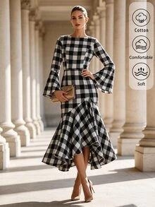 SHEIN Women's Spring/Autumn Black & White Large Plaid Dress, Round Neck, Flared Long Sleeves, Cinched Cinched Waist, Mid-Length, Asymmetrical Ruffle Fishtail Hem - Multicolor - View 1