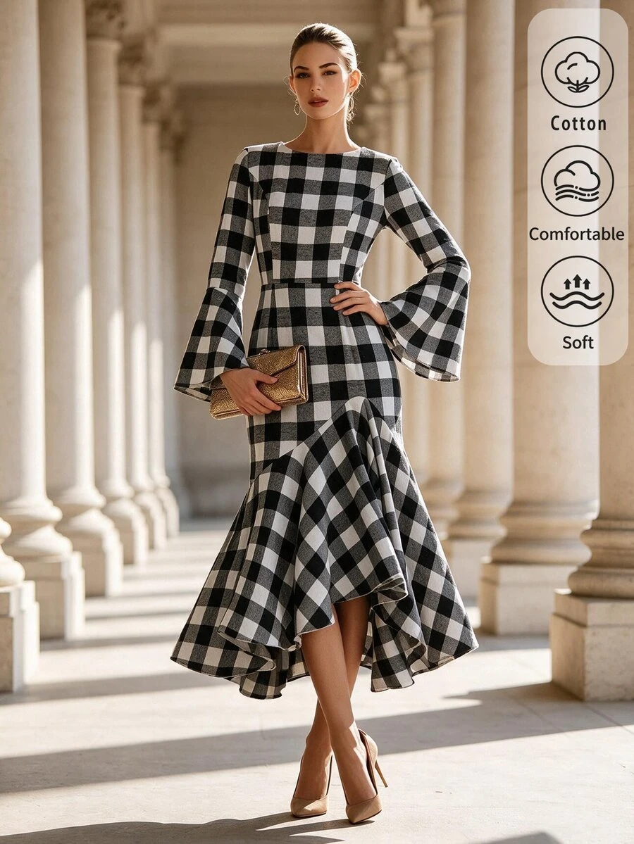 SHEIN Women's Spring/Autumn Black & White Large Plaid Dress, Round Neck, Flared Long Sleeves, Cinched Cinched Waist, Mid-Length, Asymmetrical Ruffle Fishtail Hem - Multicolor - View 1