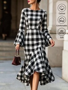SHEIN Women's Spring/Autumn Black & White Large Plaid Dress, Round Neck, Flared Long Sleeves, Cinched Cinched Waist, Mid-Length, Asymmetrical Ruffle Fishtail Hem - Multicolor - View 7