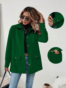 SHEIN PariChic Women's Front Button Long Sleeve Minimalist Pocket Jacket, Casual Everyday Wear Fall Winter Cloth For Women - Dark Green - View 3
