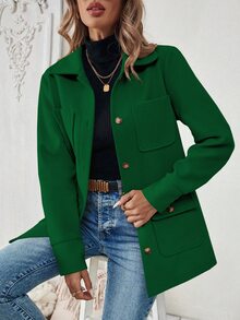 SHEIN PariChic Women's Front Button Long Sleeve Minimalist Pocket Jacket, Casual Everyday Wear Fall Winter Cloth For Women - Dark Green - View 7