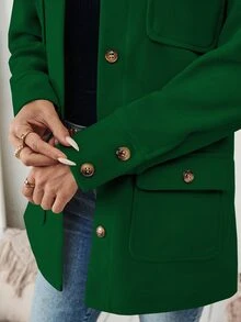 SHEIN PariChic Women's Front Button Long Sleeve Minimalist Pocket Jacket, Casual Everyday Wear Fall Winter Cloth For Women - Dark Green - View 4