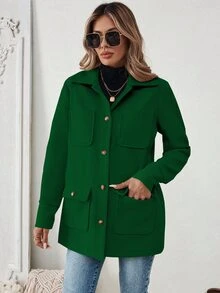 SHEIN PariChic Women's Front Button Long Sleeve Minimalist Pocket Jacket, Casual Everyday Wear Fall Winter Cloth For Women - Dark Green - View 6