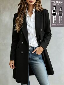 SHEIN Tall Double Breasted Lapel Collar Overcoat Business Office Black Fall Casual Elegant - Black - View 3