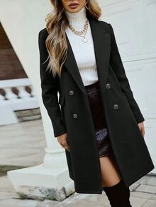 SHEIN Tall Double Breasted Lapel Collar Overcoat Business Office Black Fall Casual Elegant - Black - View 6
