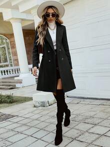 SHEIN Tall Double Breasted Lapel Collar Overcoat Business Office Black Fall Casual Elegant - Black - View 7