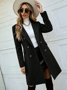 SHEIN Tall Double Breasted Lapel Collar Overcoat Business Office Black Fall Casual Elegant - Black - View 5