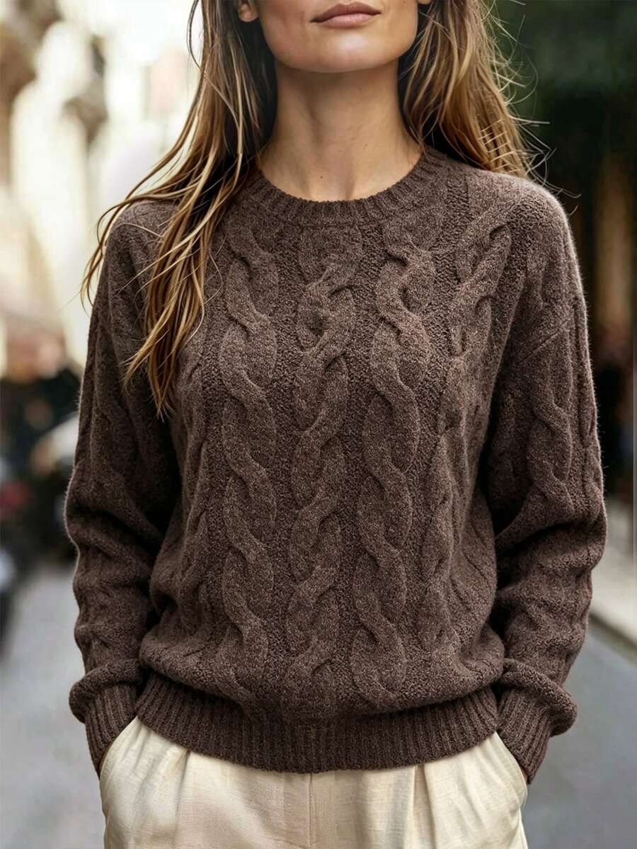 Trelyra Women's Fashion Vintage Dark Academia Casual Cable Knit Long Sleeve Sweater, Preppy Style Everyday Travel Dark Brown Autumn Winter