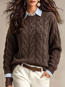 Trelyra Women's Fashion Vintage Dark Academia Casual Cable Knit Long Sleeve Sweater, Preppy Style Everyday Travel Dark Brown Autumn Winter - Coffee Brown - View 5