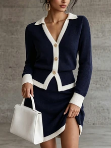 SHEIN Women's Contrast Color Long Sleeve Top And Knit Mini Skirt 2 Pieces Set Office Brunch Navy Blue And White Autumn French Elegant - Navy Blue - View 6