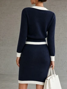 SHEIN Women's Contrast Color Long Sleeve Top And Knit Mini Skirt 2 Pieces Set Office Brunch Navy Blue And White Autumn French Elegant - Navy Blue - View 3