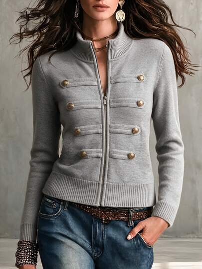 SHEIN Cárdigan de punto con cuello alto y cremallera para otoño e invierno, chaqueta elegante estilo tweed